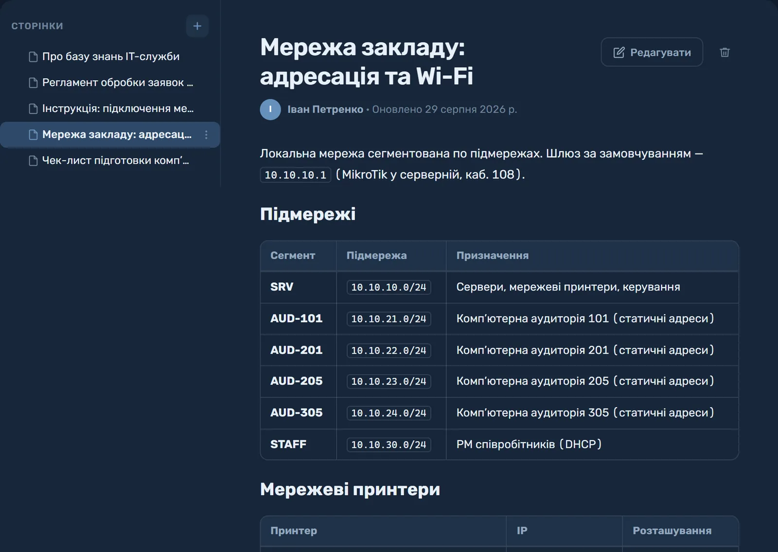 Документація SmartOKS: сторінка «Мережа закладу: адресація та Wi-Fi» з таблицями підмереж і мережевих принтерів